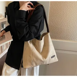 Detail of beige tote bag with vertical zipper and brown leather straps in retro style