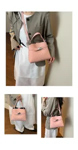 Three-view montage of pink pebble leather handbag shown from front and side on a model