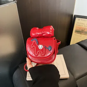 Mini Kids PU Leder Crossbodytas Met Gewatteerde Strik Paarden Borduurwerk Kleine Cartoon Messenger Bag Voor Meisjes Vrouwen Portemonnee