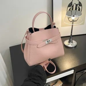 Vintage Lychee Grain PU Leather Bucket Bag Set Simple Fashion Handbag Shoulder Crossbody Bag With Small Pouch Silver Metal Lock For Women
