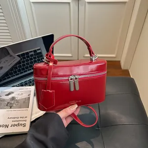 Sac à Bandoulière Femme Vintage en Cuir PU Brillant Vanity-Case Sac à Main Boîte Avec Double Fermeture Éclair et Bandoulière Réglable Mode Quotidien