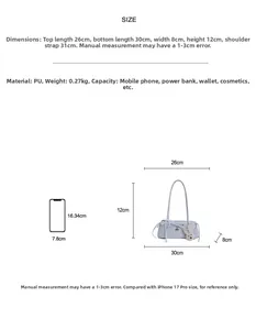 Size guide for blue polka dot handbag showing dimensions and iPhone comparison