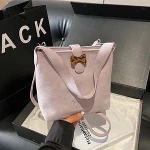 Women Suede Look PU Leather Bucket Bag With Leopard Print Bow Buckle Minimalist Shoulder Crossbody Bag For Office Daily Use