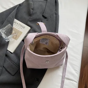 Chic lilac embroidered bucket bag with silver metal magnetic buckle for women