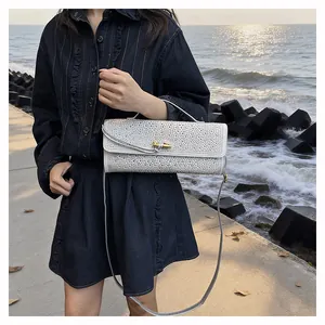 Gros plan sur le sac de soirée argenté à strass avec élégant fermoir rotatif en métal