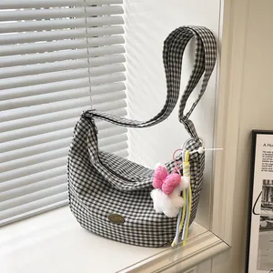 Women Gingham Checkered Nylon Shoulder Bag Large Capacity Hobo Bag With Cute Plush Rabbit Pendant Casual Tote Handbag