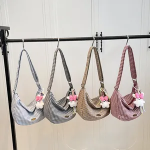 Chic plaid pattern crescent tote bags in various colors with cute rabbit charms