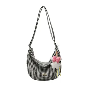 Gingham pattern canvas crescent shoulder bag with cute white plush bunny charm