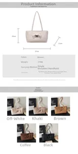 Detailed size specifications for a woven tote bag with a large decorative bow