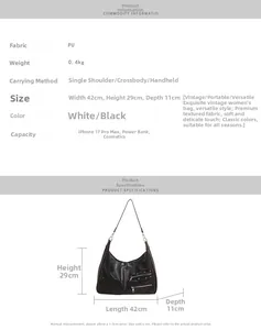 Detailed size chart for minimalist PU leather hobo bag showing 42cm x 29cm dimensions