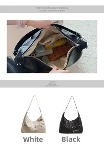 Macro view of hobo bag internal compartments and dual color display in white and black