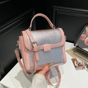 Minimalist pink and silver square shoulder bag with adjustable strap for women
