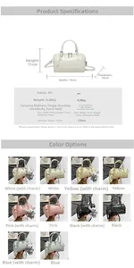 Detailed spec sheet showing five colors of Boston bags with PU leather texture and dimensions