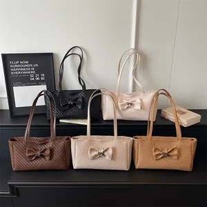 Retro woven tote bag set in five colors with bow detail and large capacity straps