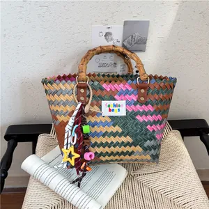 Vintage Straw Woven Handbag With Bamboo Handle Retro Color Block Tote Bag Casual Beach Bag With Tassel Pendant For Women