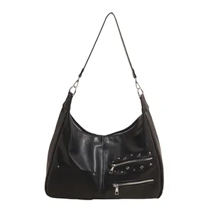 Minimalist black PU leather hobo tote bag with rivet details and retro shoulder strap