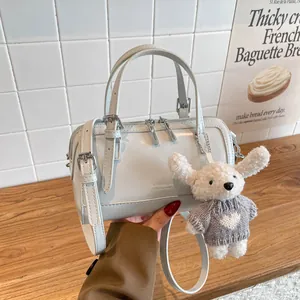 Women Korean Style PU Leather Boston Bag Vintage Barrel Pillow Shoulder Crossbody Bag With Plush Pendant For Daily Commute