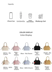 Detail showing the internal storage capacity and multiple color options for the handbag