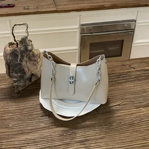 Minimalist PU Leather Underarm Shoulder Bag For Women Fashion Silver Lock Chain Strap Commuting Crossbody Bag
