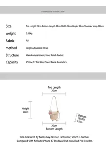 Detailed size chart for beige PU bucket bag showing dimensions and internal capacity