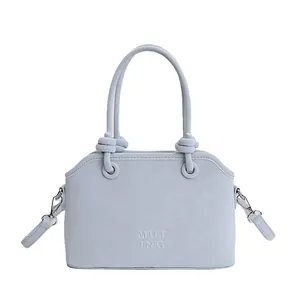 Minimalist light blue square shoulder bag for women with silver metal buckle details