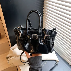 Women Trendy Glossy PU Leather Bucket Bag With Belt Buckle Pleated Design Shoulder Crossbody Bag Handbag Fashion Daily Bag