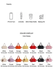Detail view of colorful canvas Boston bags with horse charm showing large storage capacity