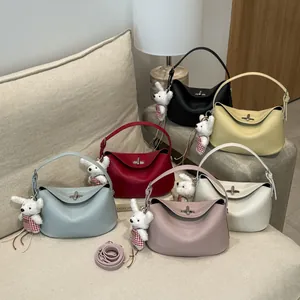 Litchi pattern leather square handbags with teddy bear charms and shoulder straps