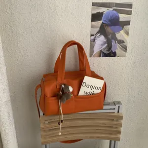 Women Korean Litchi Grain PU Leather Boston Handbag With Plush Horse Charm Large Capacity Commuter Shoulder Crossbody Bag