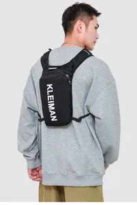 Close-up of black running vest pack with adjustable straps and Kleiman logo detail