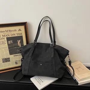 Retro large capacity tote bag in dark grey matte texture with adjustable silver buckles