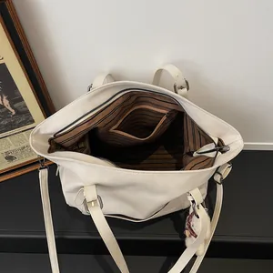 Retro cream large capacity tote bag with internal storage and plush bear charm
