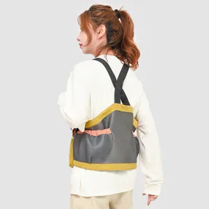 Lightweight grey mesh running vest with yellow trim and X-shaped back straps for hiking