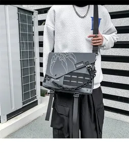 Detail of grey crossbody messenger bag with chain and street style nylon texture