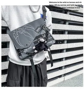 Detailed close-up of grey waterproof nylon messenger bag with chain and plush monkey charm