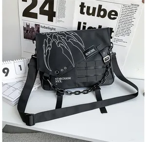Detail of waterproof nylon messenger bag with claw print and decorative plastic chain