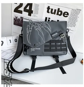 Detail of dark gray waterproof messenger bag with wing graphic and tactical strap