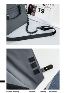 Detail of gray waterproof nylon crossbody bag showing matte metal chain and hook straps