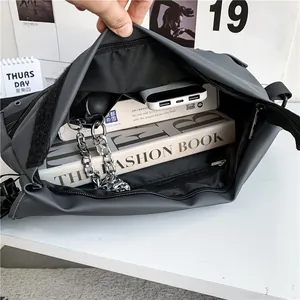 Waterproof nylon crossbody bag in dark grey with metal chain and large capacity