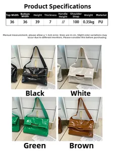 Größentabelle mit Maßen und Farben für die große Schultertasche aus glänzendem PU-Leder