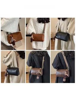 Collage of chic retro crossbody pillow bags with wide patterned straps on models
