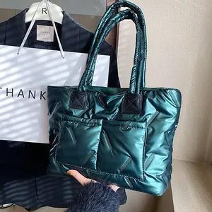 Large Capacity Women Metallic Puffer Tote Bag Glossy Quilted Shoulder Bag Casual Korean Style Commuting Fashion Handbag