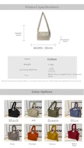 Detailed size chart for quilted crossbody bag with dimensions 30x20x10cm in eight colors