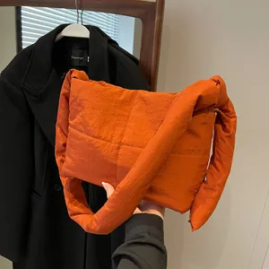 Women Quilted Puffer Shoulder Bag Knot Strap Crossbody Bag Large Capacity Nylon Padded Messenger Bag Casual Streetwear