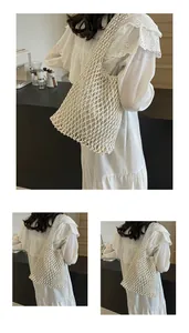 Close-up of white woven cotton rope mesh tote bag featuring artisanal hollow-out knotting detail
