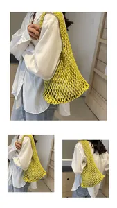Detail of bright yellow woven mesh tote bag with integrated strap and canvas liner