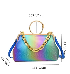 Detail view of colorful gradient evening bag with gold chain and size measurements