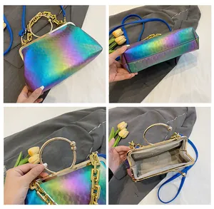Detailed four-angle view of iridescent evening bag with gold handle and chain strap