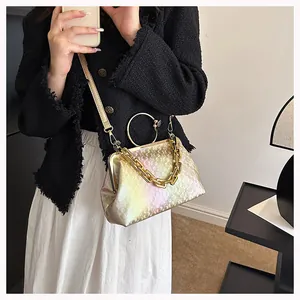 Rainbow gradient crossbody bag with gold chain and round handle on a model
