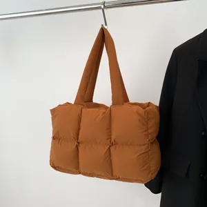 Caramel quilted puffer tote bag in lightweight nylon fabric for autumn winter season